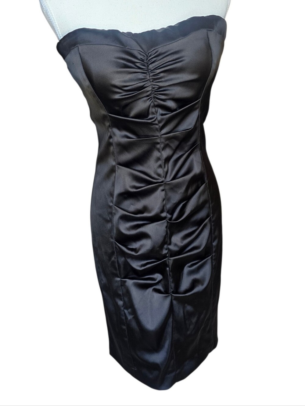 Vintage Cache Black Satin Rouched Sweatheart Cut Strapless Cocktail Dress Sz 10